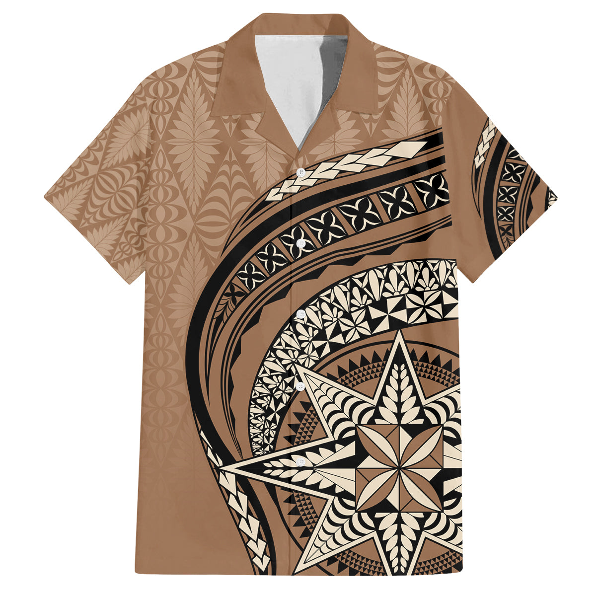 Tonga Ngatu Family Matching Off Shoulder Maxi Dress and Hawaiian Shirt Tokelau Classic Motifs LT7 Dad's Shirt - Short Sleeve Brown - Polynesian Pride