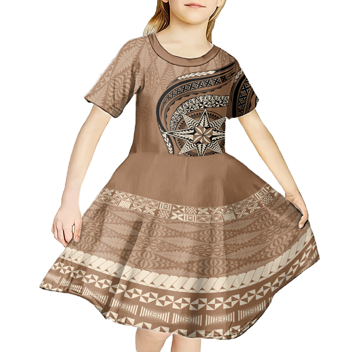Tonga Ngatu Kid Short Sleeve Dress Tokelau Classic Motifs LT7 - Polynesian Pride