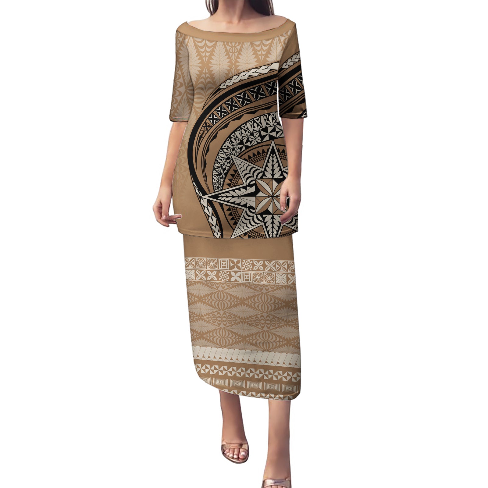 Tonga Ngatu Puletasi Tokelau Classic Motifs LT7 Long Dress Brown - Polynesian Pride