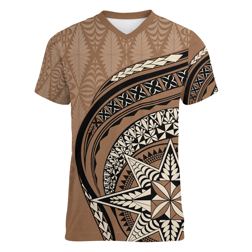 Tonga Ngatu Women V Neck T Shirt Tokelau Classic Motifs LT7 Female Brown - Polynesian Pride