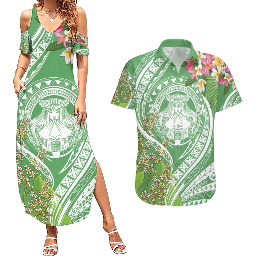 Aloha Molokai Island Couples Matching Summer Maxi Dress and Hawaiian Shirt Hawaii Pua Kukui