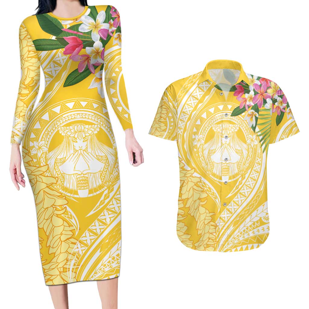 Aloha Hawaii Oahu Couples Matching Long Sleeve Bodycon Dress and Hawaiian Shirt Wahine with Ilima Lei