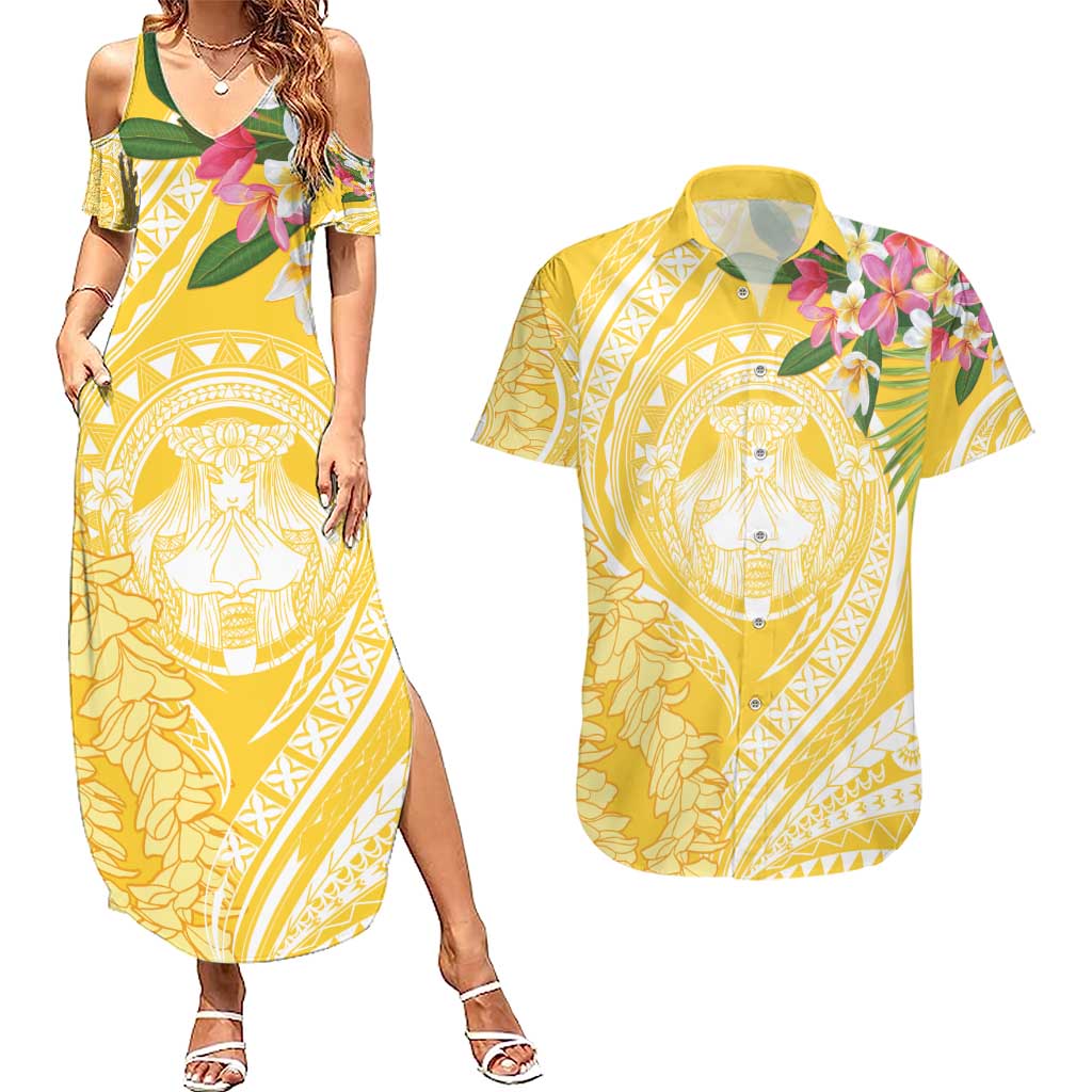Aloha Hawaii Oahu Couples Matching Summer Maxi Dress and Hawaiian Shirt Wahine with Ilima Lei
