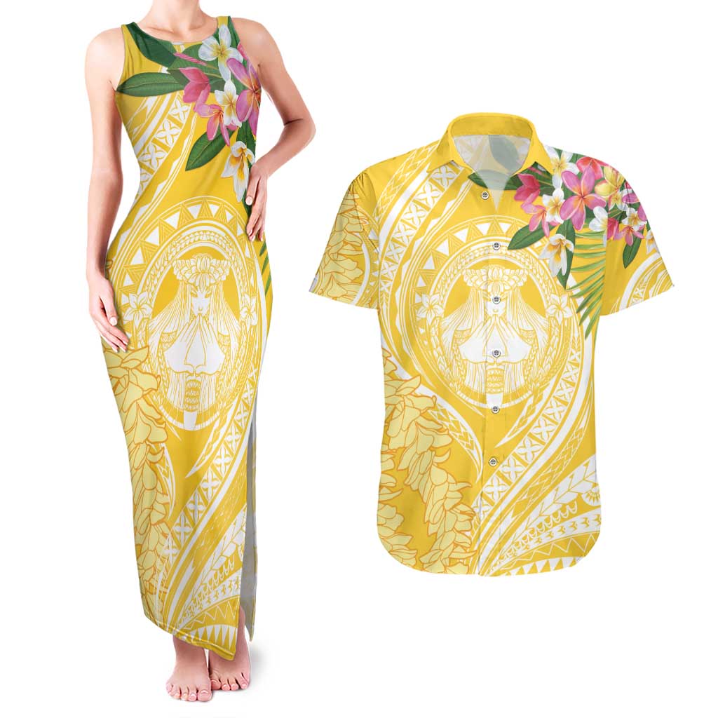 Aloha Hawaii Oahu Couples Matching Tank Maxi Dress and Hawaiian Shirt Wahine with Ilima Lei
