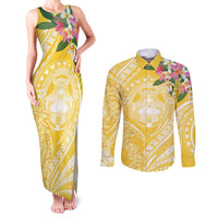 Aloha Hawaii Oahu Couples Matching Tank Maxi Dress and Long Sleeve Button Shirt Wahine with Ilima Lei