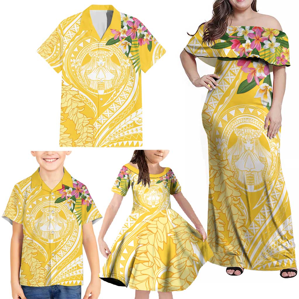 Aloha Hawaii Oahu Family Matching Off Shoulder Maxi Dress and Hawaiian Shirt Wahine with Ilima Lei