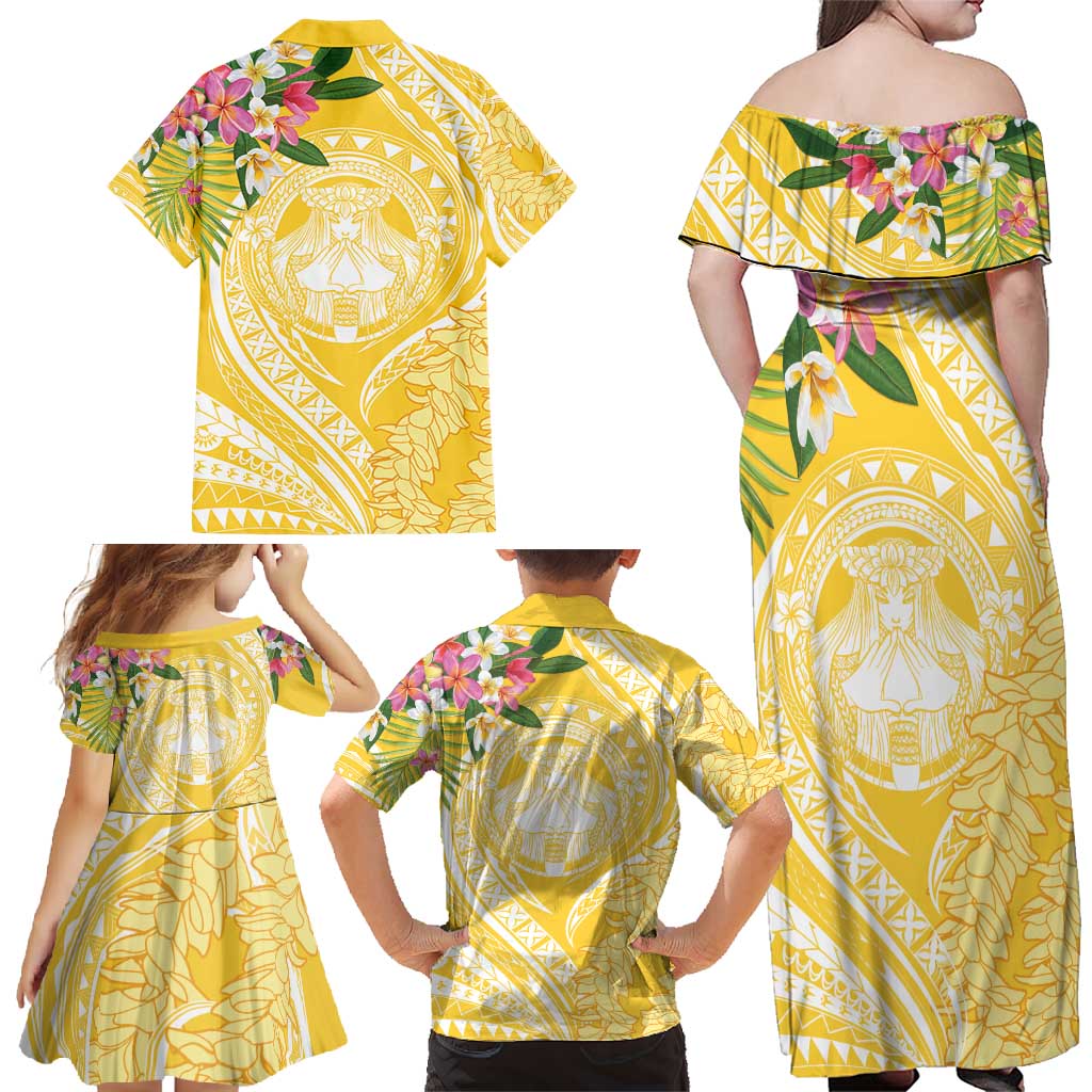 Aloha Hawaii Oahu Family Matching Off Shoulder Maxi Dress and Hawaiian Shirt Wahine with Ilima Lei
