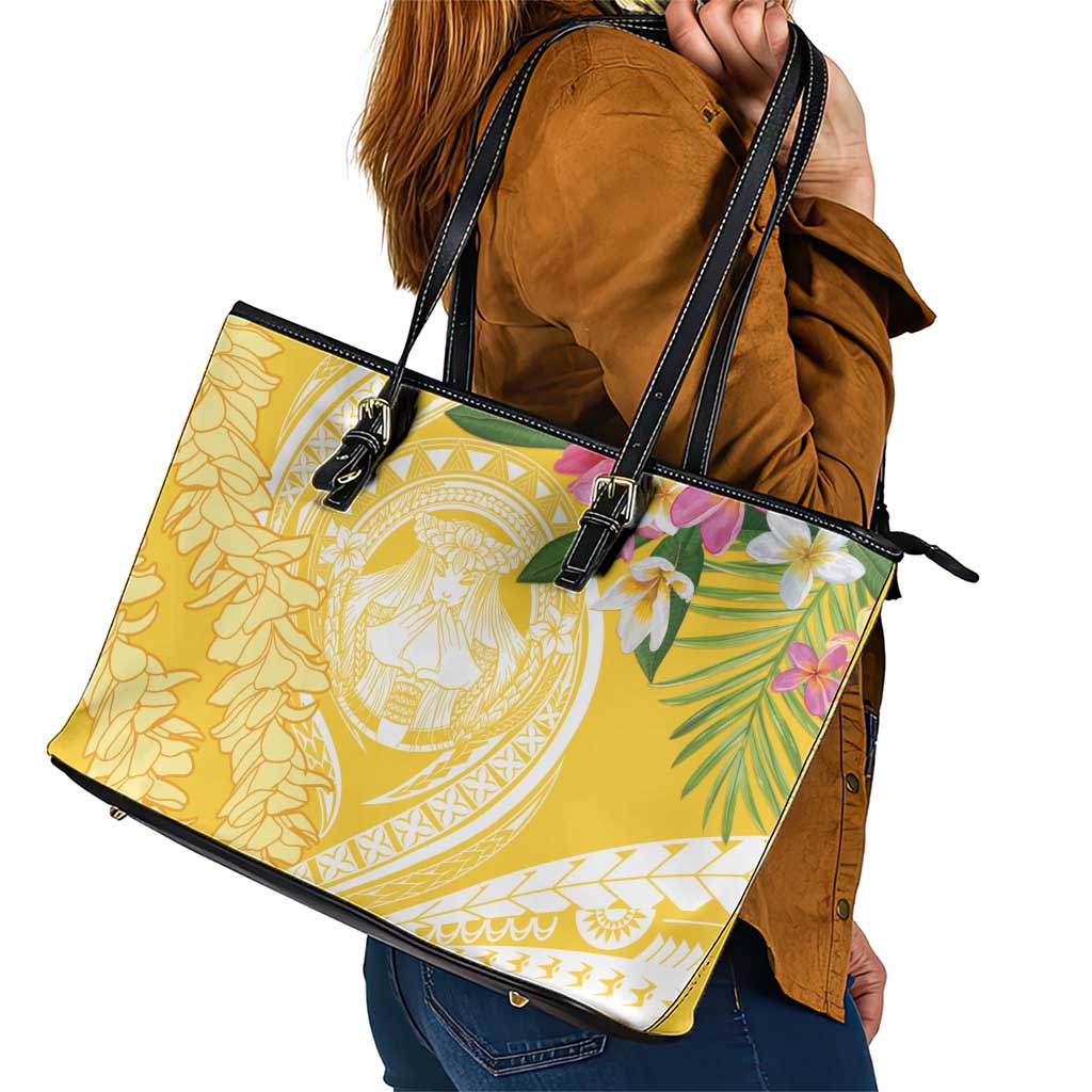 Aloha Hawaii Oahu Leather Tote Bag Wahine with Ilima Lei