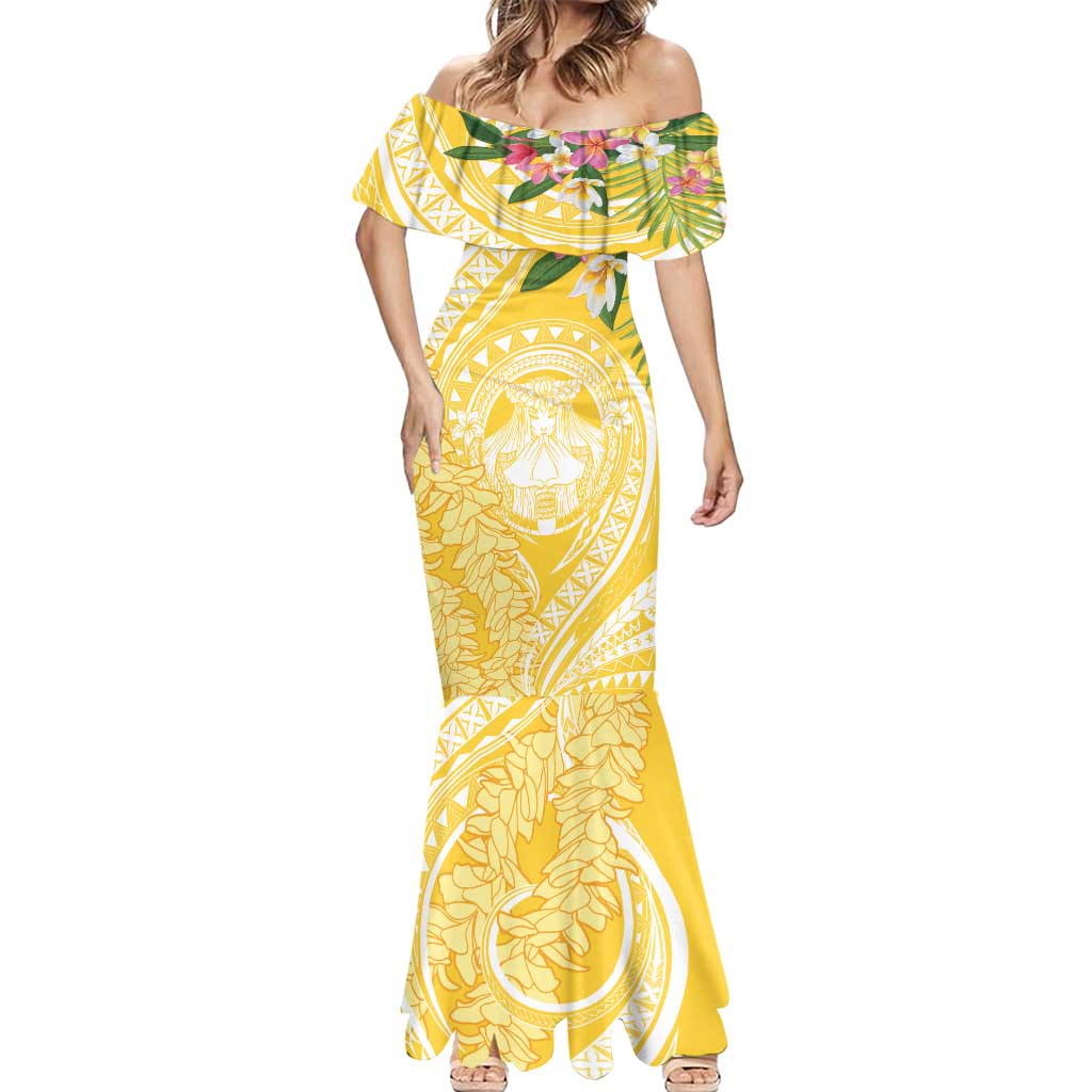 Aloha Hawaii Oahu Mermaid Dress Wahine with Ilima Lei