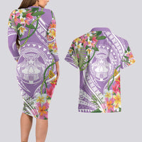 Aloha Hawaii Kauai Couples Matching Long Sleeve Bodycon Dress and Hawaiian Shirt Frangipani Mix Mokihana Lei