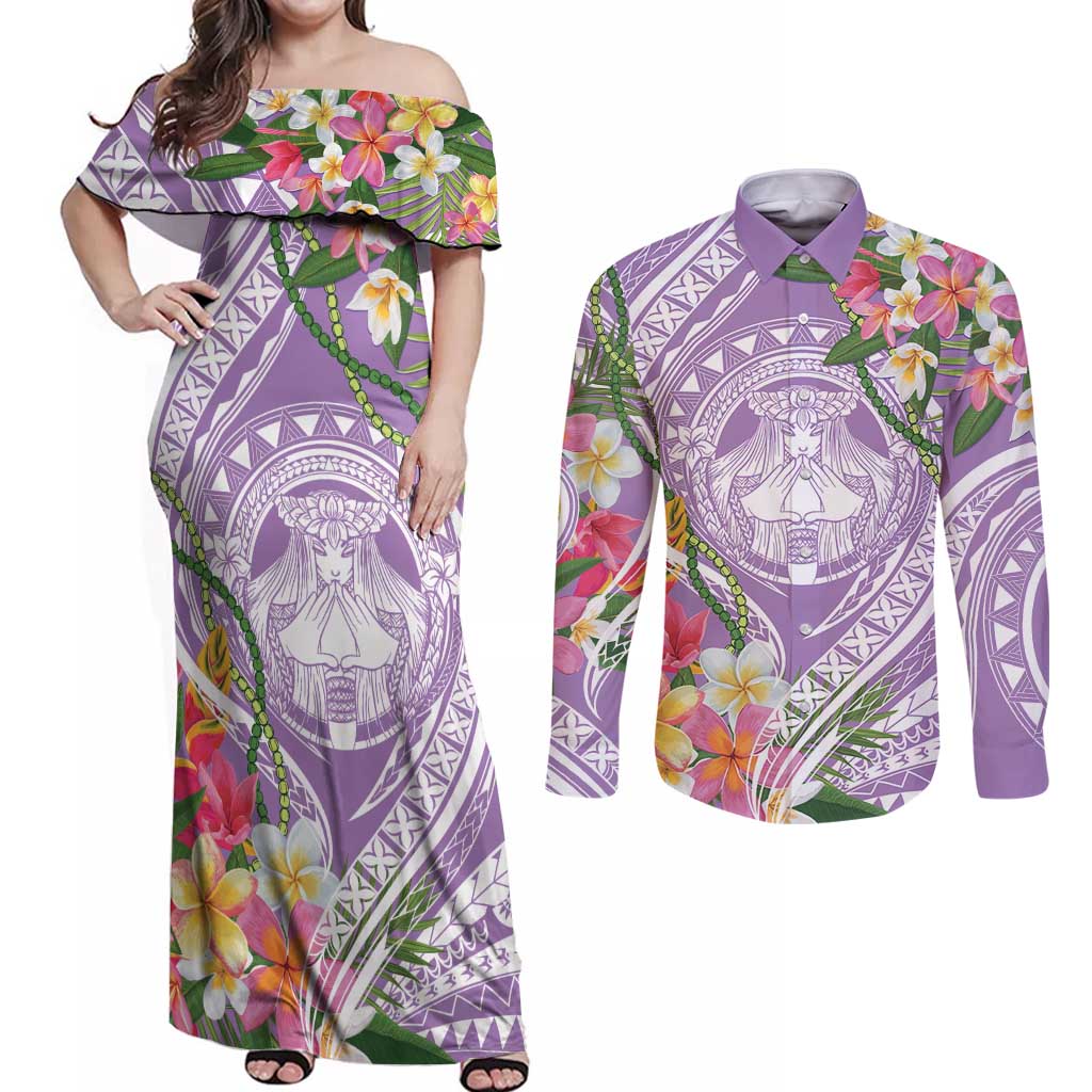 Aloha Hawaii Kauai Couples Matching Off Shoulder Maxi Dress and Long Sleeve Button Shirt Frangipani Mix Mokihana Lei