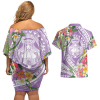 Aloha Hawaii Kauai Couples Matching Off Shoulder Short Dress and Hawaiian Shirt Frangipani Mix Mokihana Lei