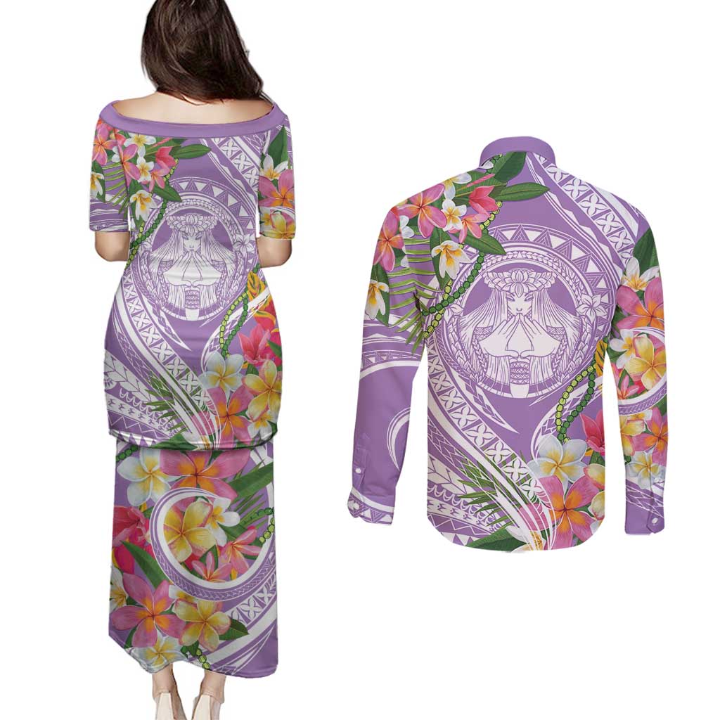 Aloha Hawaii Kauai Couples Matching Puletasi and Long Sleeve Button Shirt Frangipani Mix Mokihana Lei