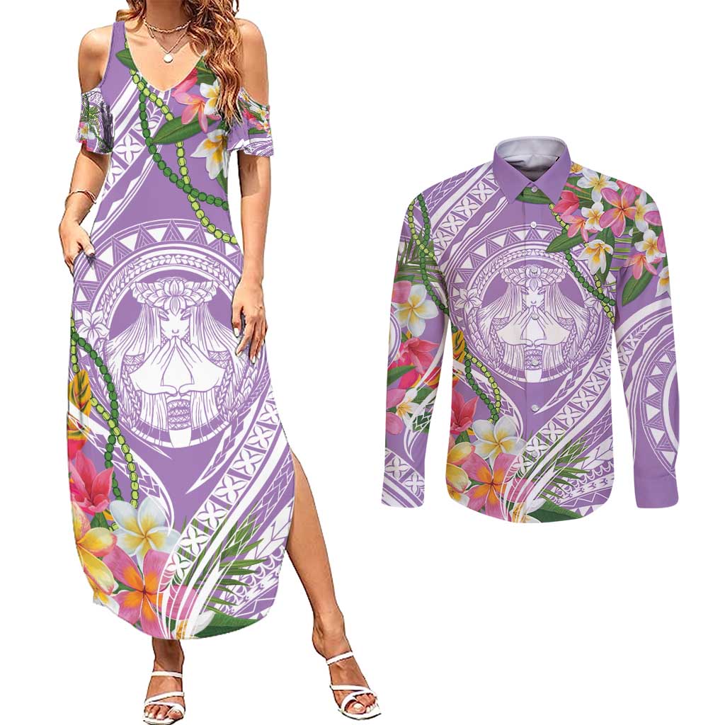 Aloha Hawaii Kauai Couples Matching Summer Maxi Dress and Long Sleeve Button Shirt Frangipani Mix Mokihana Lei