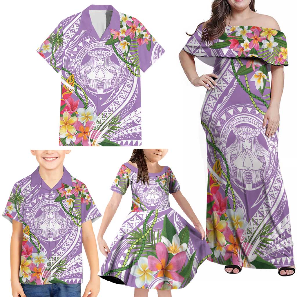 Aloha Hawaii Kauai Family Matching Off Shoulder Maxi Dress and Hawaiian Shirt Frangipani Mix Mokihana Lei