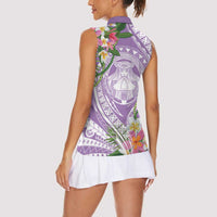 Aloha Hawaii Kauai Women Sleeveless Polo Shirt Frangipani Mix Mokihana Lei