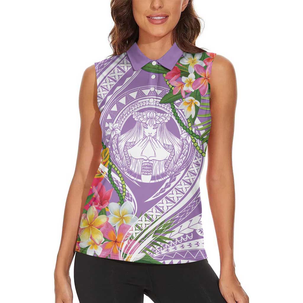 Aloha Hawaii Kauai Women Sleeveless Polo Shirt Frangipani Mix Mokihana Lei