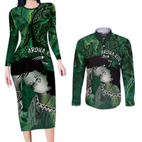 New Zealand Aroha Koe Mama Couples Matching Long Sleeve Bodycon Dress and Long Sleeve Button Shirt Maori Hongi - Pounamu LT7 Green - Polynesian Pride