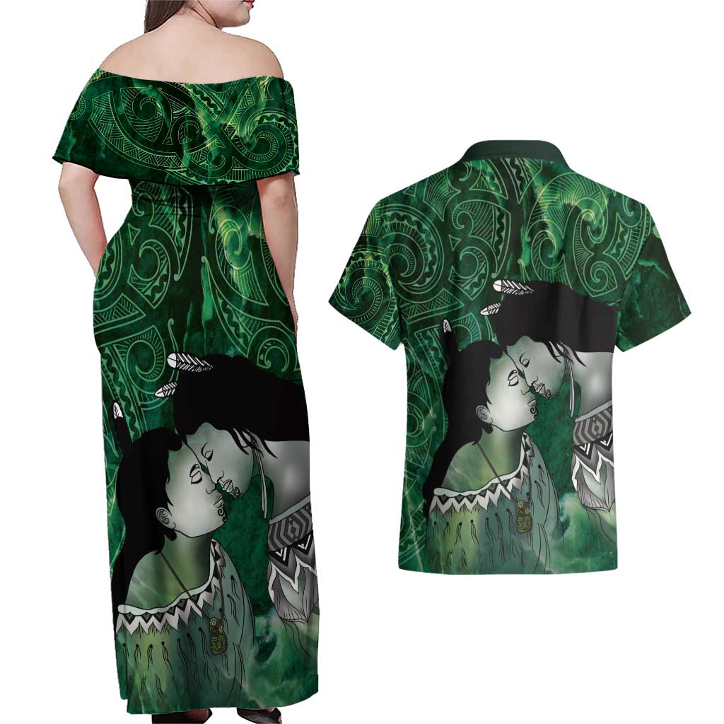 New Zealand Aroha Koe Mama Couples Matching Off Shoulder Maxi Dress and Hawaiian Shirt Maori Hongi - Pounamu LT7 - Polynesian Pride