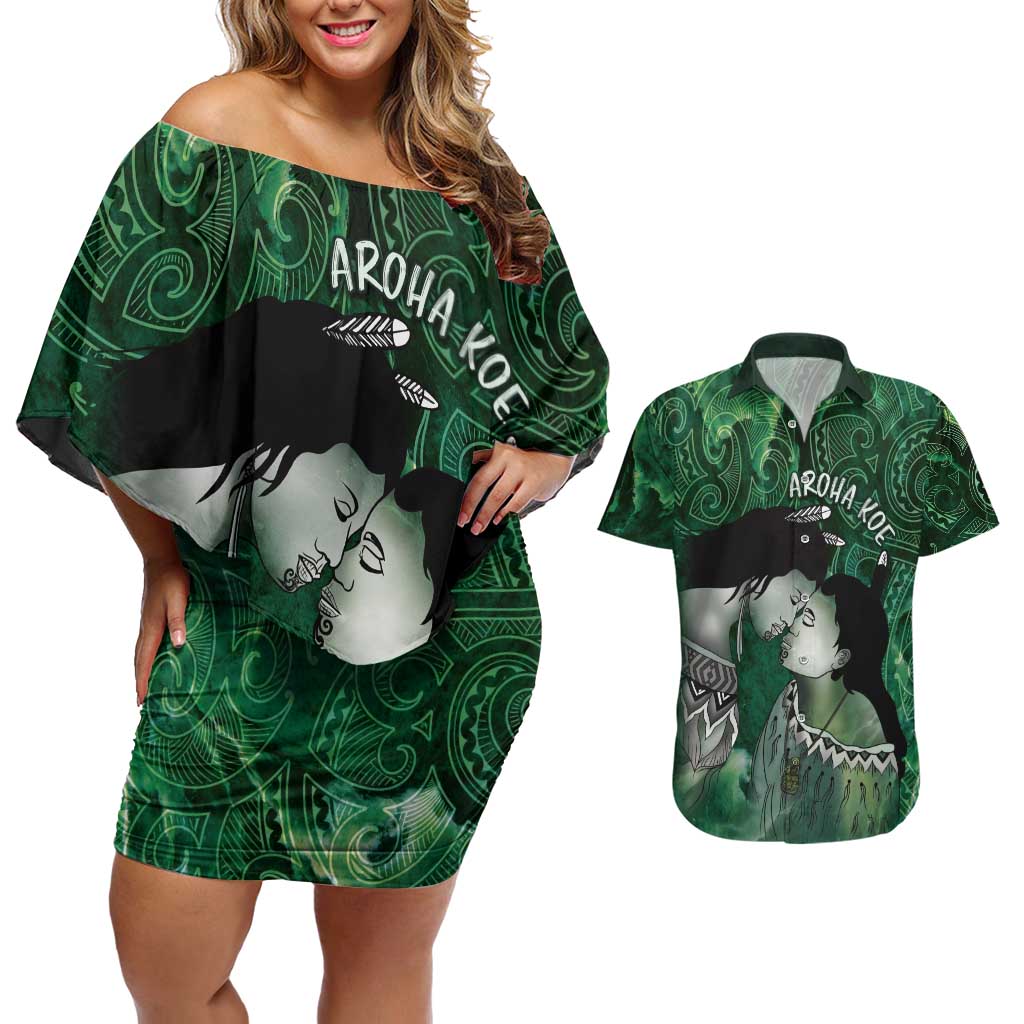 New Zealand Aroha Koe Mama Couples Matching Off Shoulder Short Dress and Hawaiian Shirt Maori Hongi - Pounamu LT7 Green - Polynesian Pride