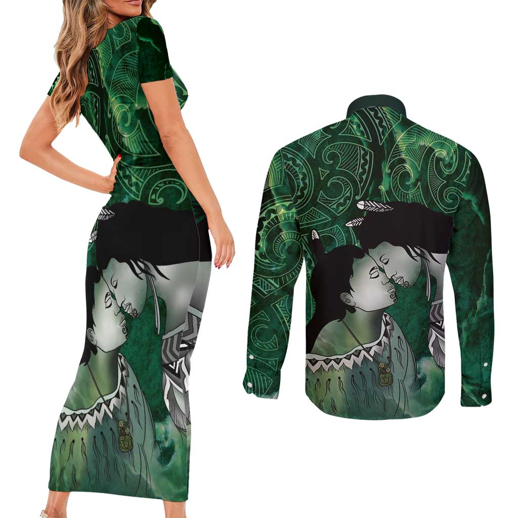 New Zealand Aroha Koe Mama Couples Matching Short Sleeve Bodycon Dress and Long Sleeve Button Shirt Maori Hongi - Pounamu LT7 - Polynesian Pride