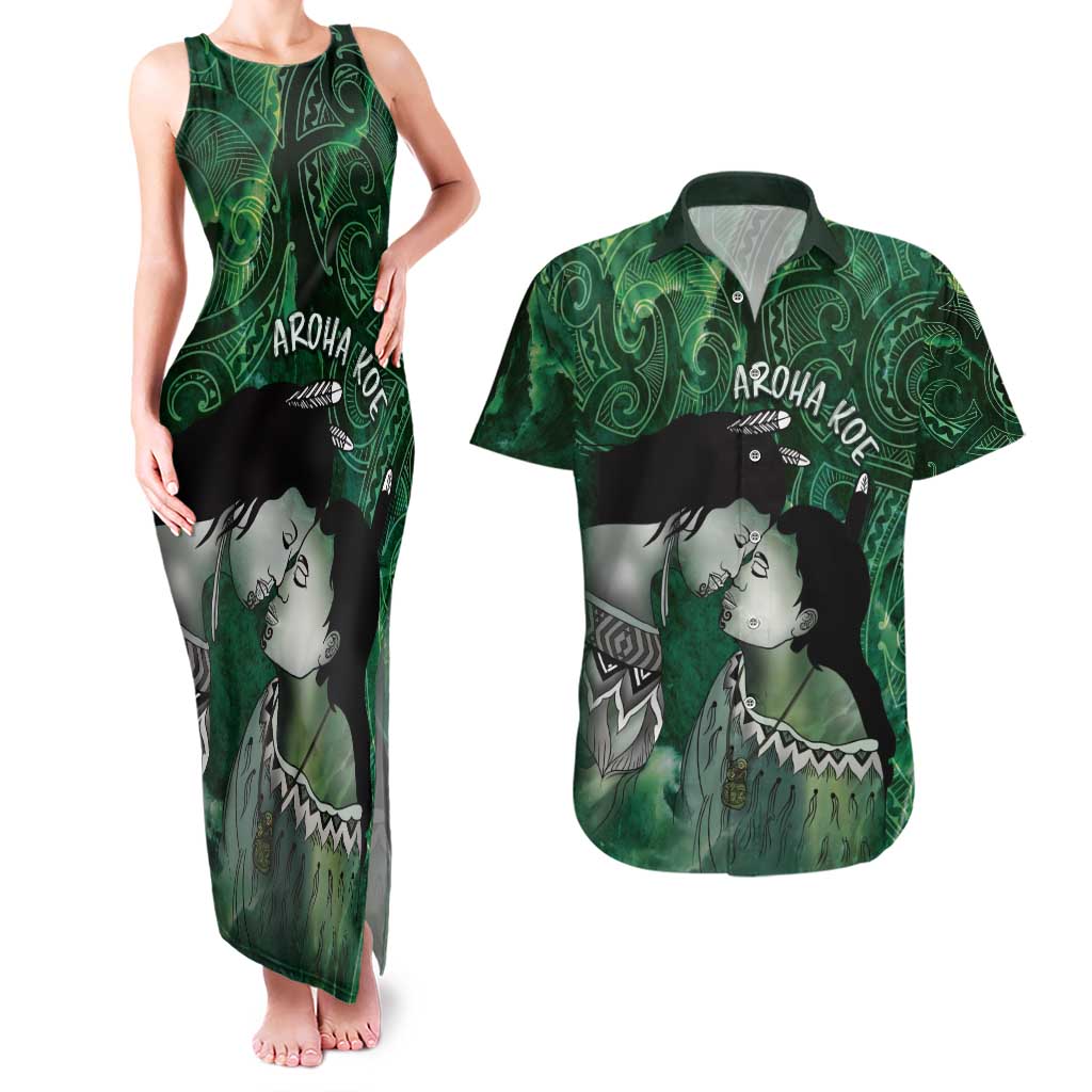 New Zealand Aroha Koe Mama Couples Matching Tank Maxi Dress and Hawaiian Shirt Maori Hongi - Pounamu LT7 Green - Polynesian Pride