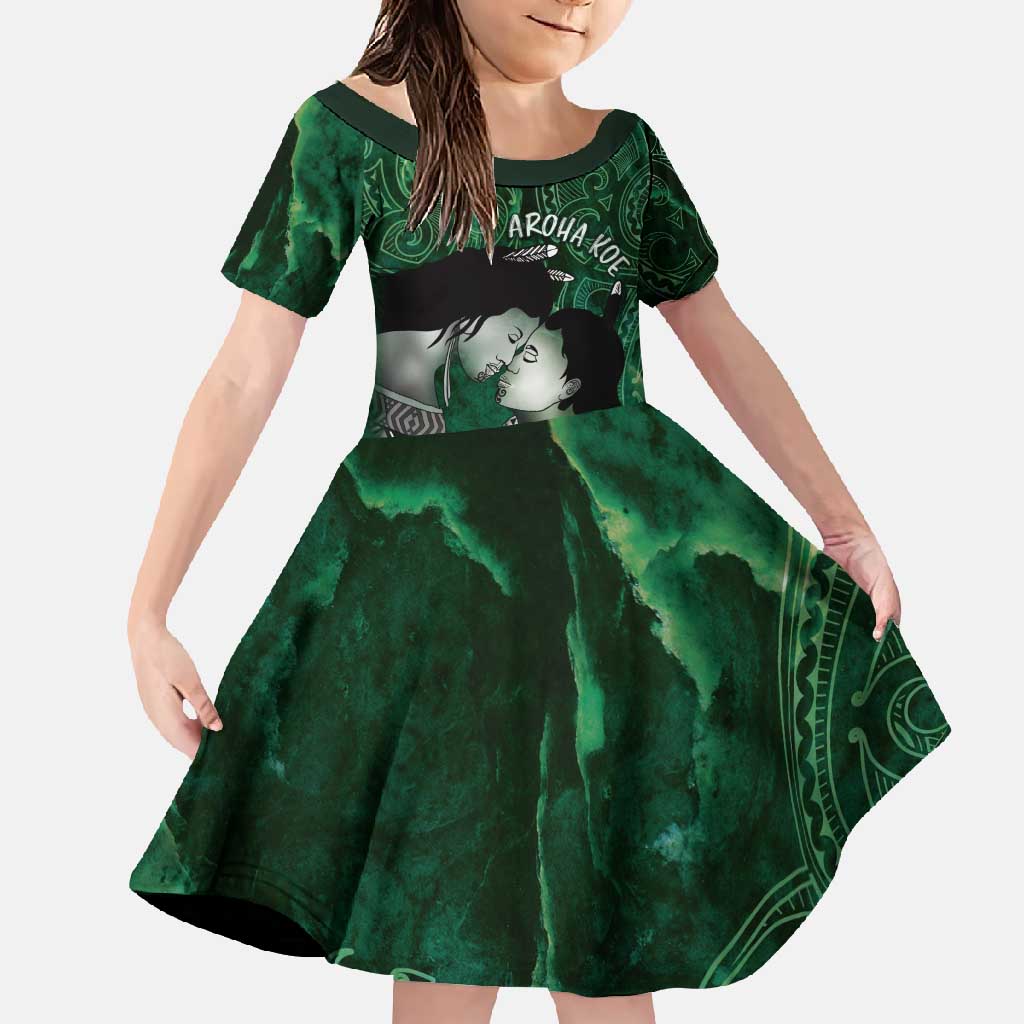 New Zealand Aroha Koe Mama Family Matching Long Sleeve Bodycon Dress and Hawaiian Shirt Maori Hongi - Pounamu LT7 Daughter's Dress Green - Polynesian Pride