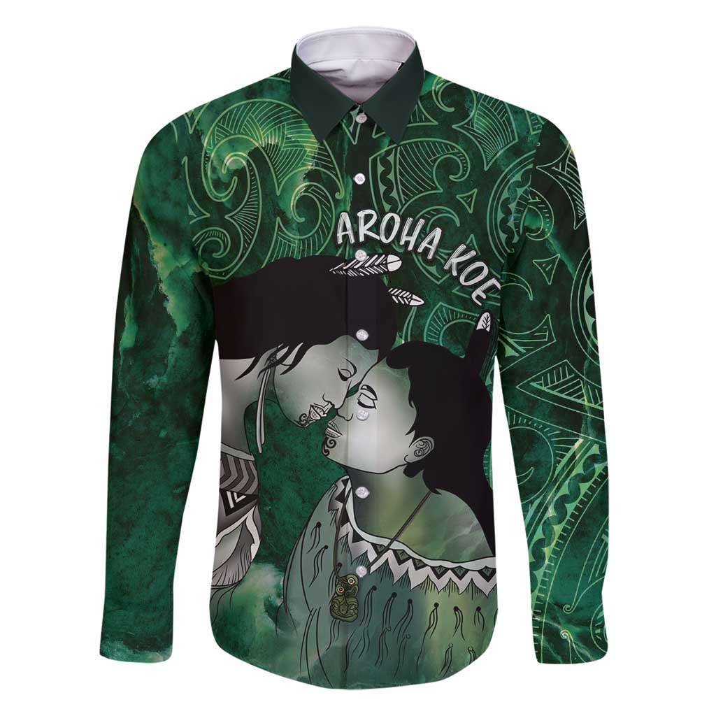 New Zealand Aroha Koe Mama Family Matching Long Sleeve Bodycon Dress and Hawaiian Shirt Maori Hongi - Pounamu LT7 Dad's Shirt - Long Sleeve Green - Polynesian Pride