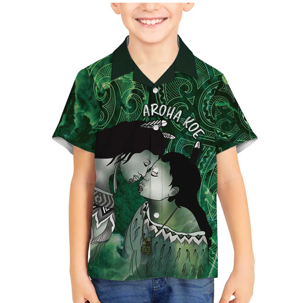 New Zealand Aroha Koe Mama Family Matching Mermaid Dress and Hawaiian Shirt Maori Hongi - Pounamu LT7 Son's Shirt Green - Polynesian Pride