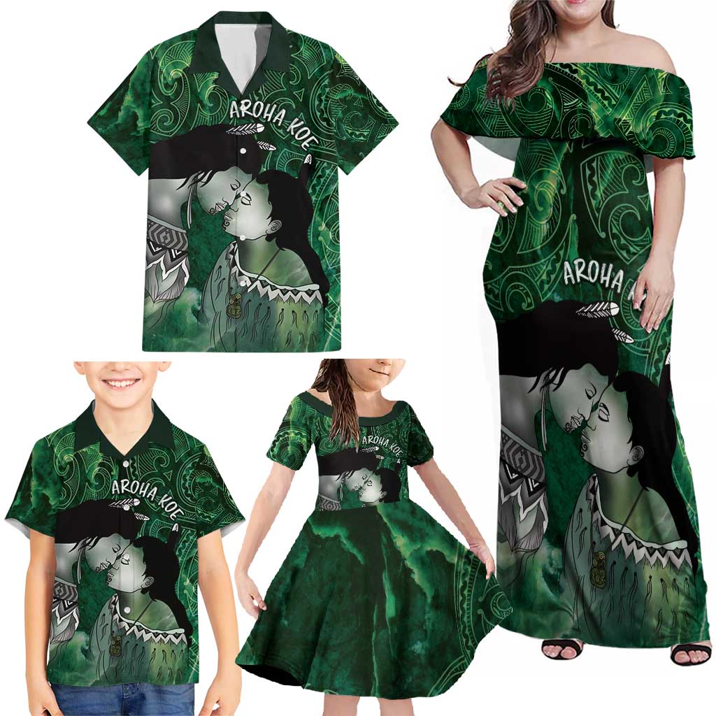 New Zealand Aroha Koe Mama Family Matching Off Shoulder Maxi Dress and Hawaiian Shirt Maori Hongi - Pounamu
