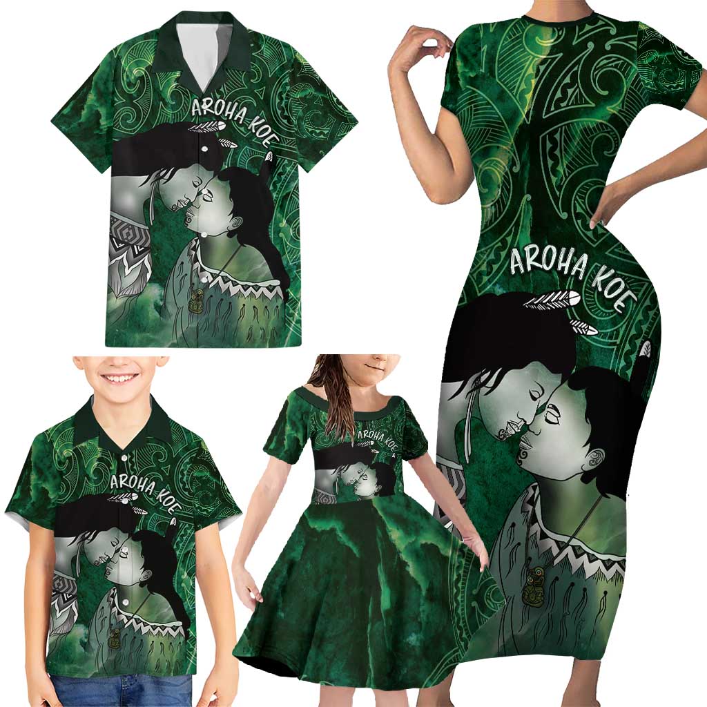 New Zealand Aroha Koe Mama Family Matching Short Sleeve Bodycon Dress and Hawaiian Shirt Maori Hongi - Pounamu LT7 - Polynesian Pride