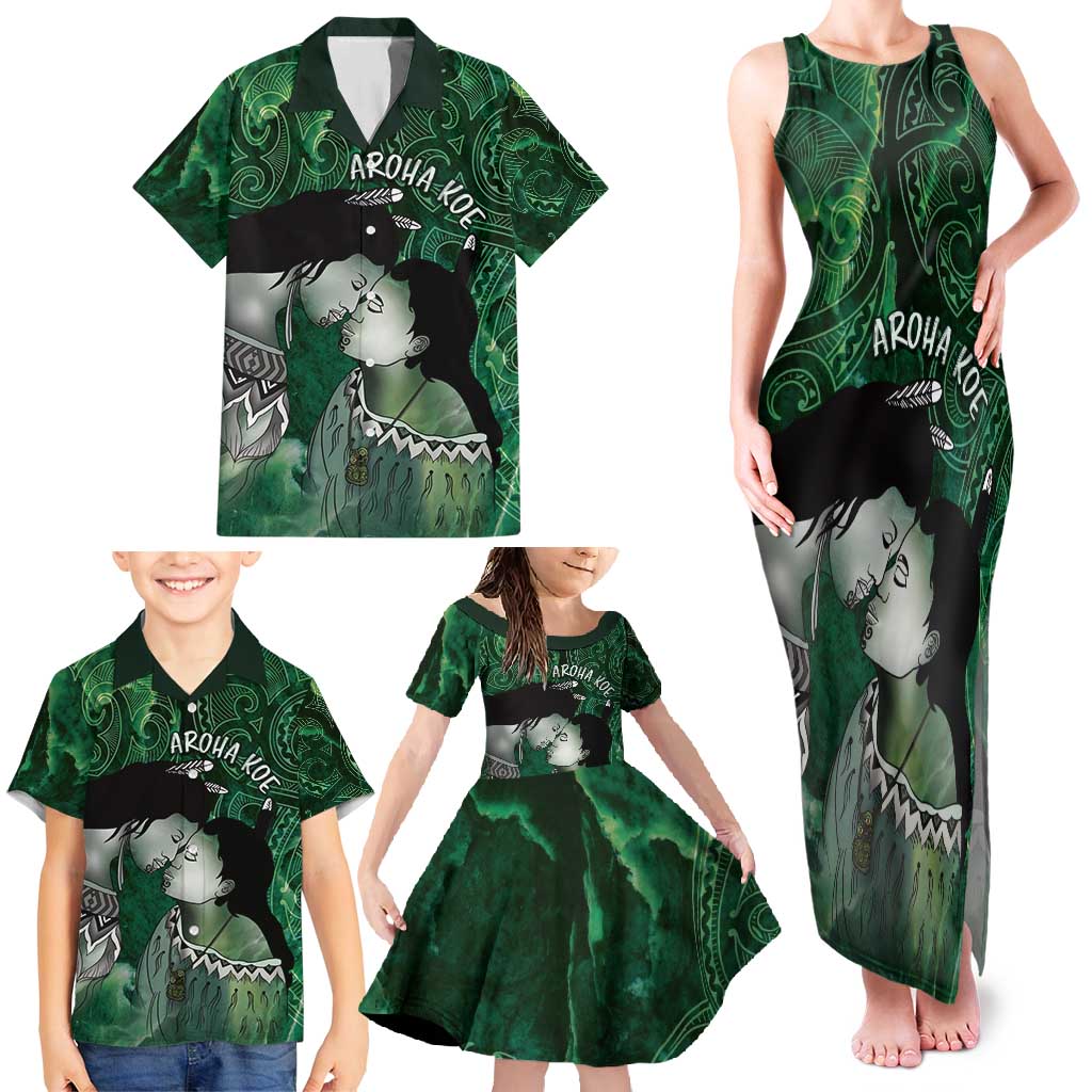 New Zealand Aroha Koe Mama Family Matching Tank Maxi Dress and Hawaiian Shirt Maori Hongi - Pounamu LT7 - Polynesian Pride