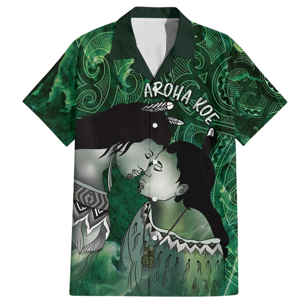 New Zealand Aroha Koe Mama Family Matching Tank Maxi Dress and Hawaiian Shirt Maori Hongi - Pounamu LT7 Dad's Shirt - Short Sleeve Green - Polynesian Pride