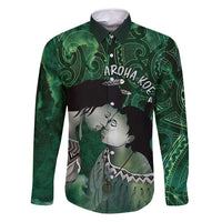 New Zealand Aroha Koe Mama Family Matching Tank Maxi Dress and Hawaiian Shirt Maori Hongi - Pounamu LT7 Dad's Shirt - Long Sleeve Green - Polynesian Pride