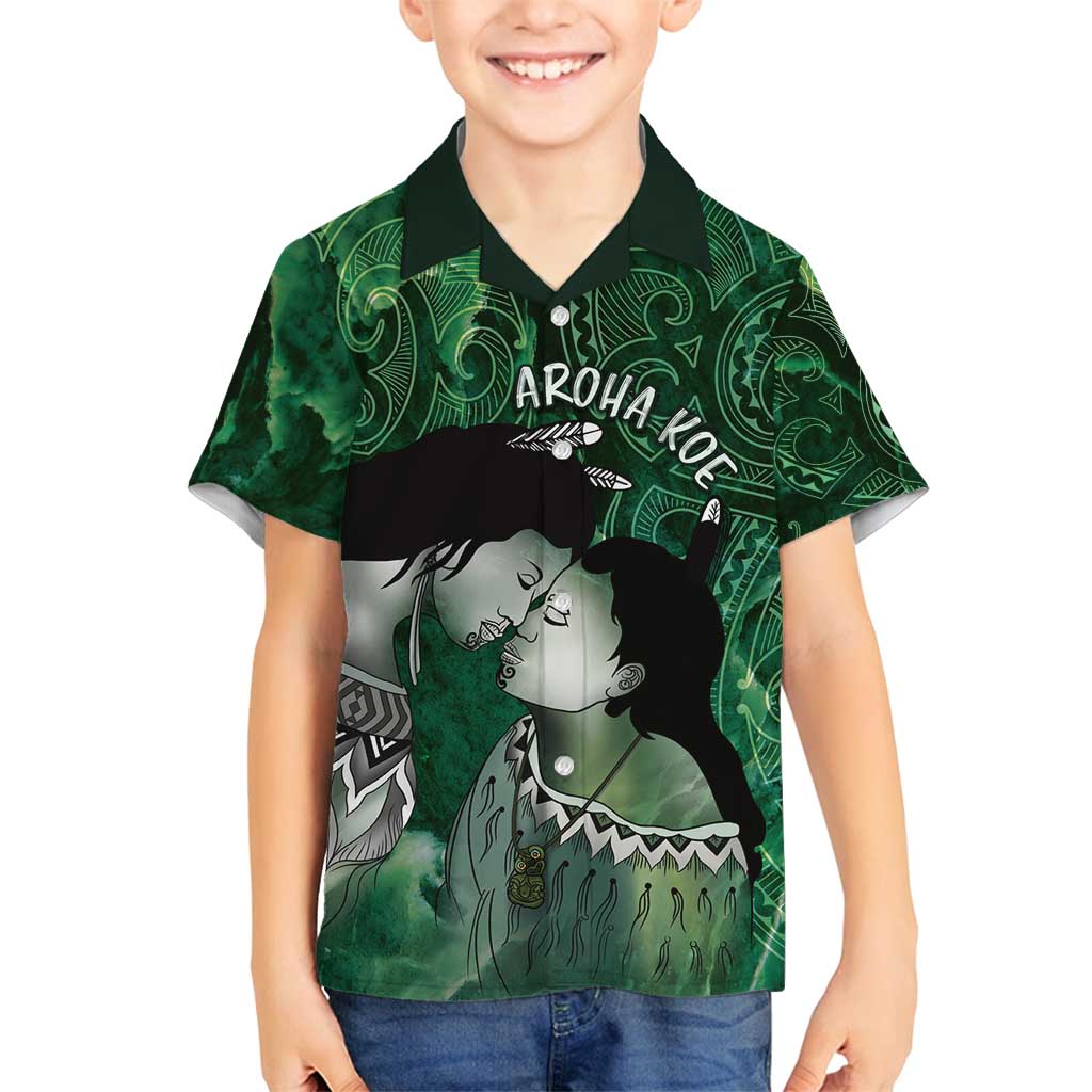 New Zealand Aroha Koe Mama Family Matching Tank Maxi Dress and Hawaiian Shirt Maori Hongi - Pounamu LT7 Son's Shirt Green - Polynesian Pride