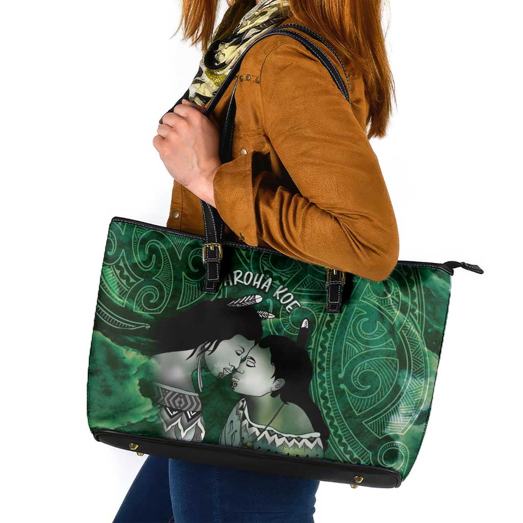 New Zealand Aroha Koe Mama Leather Tote Bag Maori Hongi - Pounamu LT7 Green - Polynesian Pride