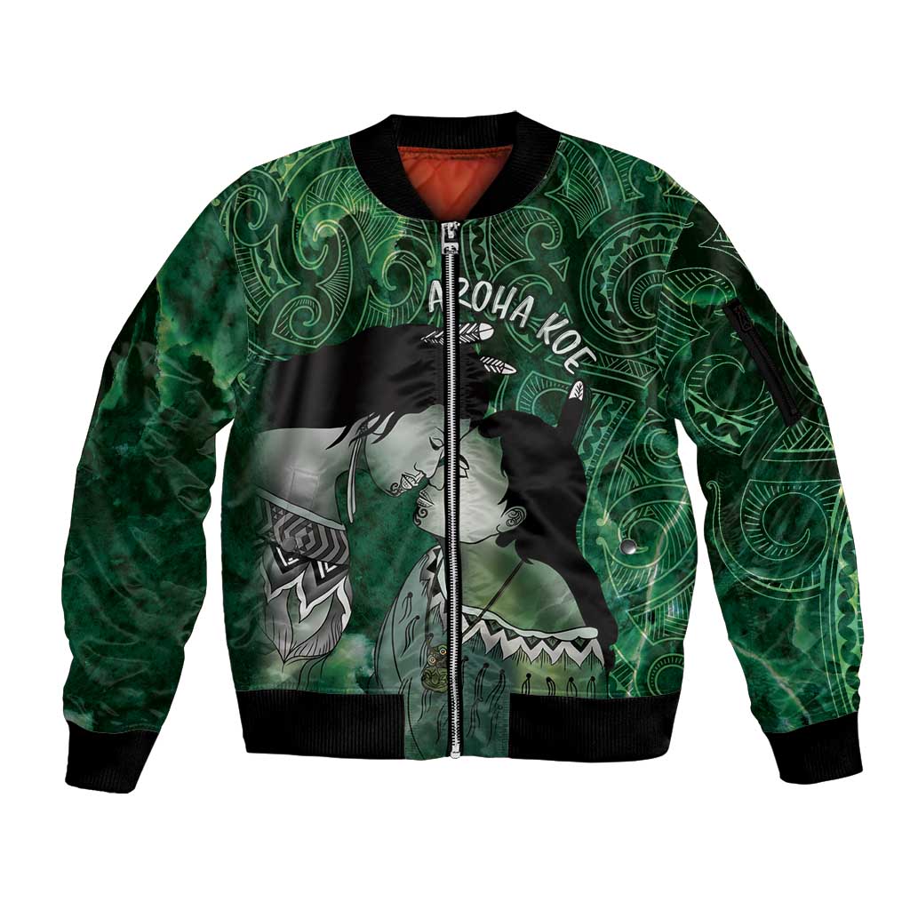 New Zealand Aroha Koe Mama Sleeve Zip Bomber Jacket Maori Hongi - Pounamu LT7 Unisex Green - Polynesian Pride