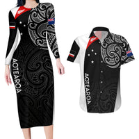 Personalised New Zealand Rugby Couples Matching Long Sleeve Bodycon Dress and Hawaiian Shirt Aotearoa World Cup 2023 Champions LT7 Black - Polynesian Pride