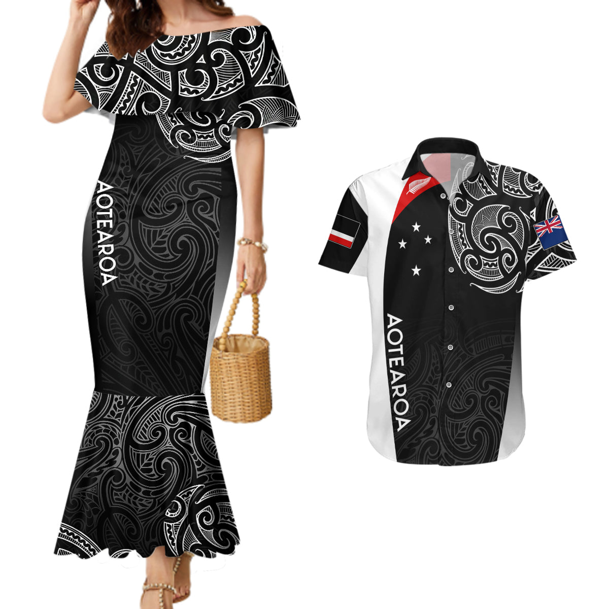 Personalised New Zealand Rugby Couples Matching Mermaid Dress And Hawaiian Shirt Aotearoa World Cup 2023 Champions LT7 Black - Polynesian Pride