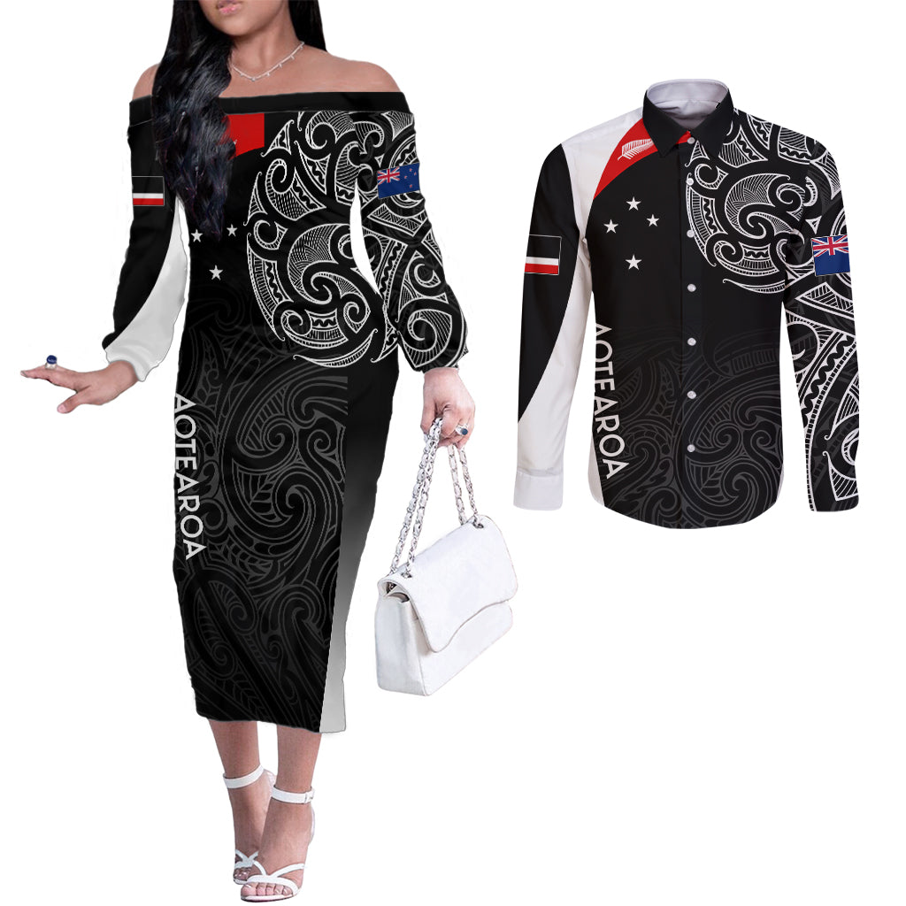 Personalised New Zealand Rugby Couples Matching Off The Shoulder Long Sleeve Dress and Long Sleeve Button Shirts Aotearoa World Cup 2023 Champions LT7 Black - Polynesian Pride