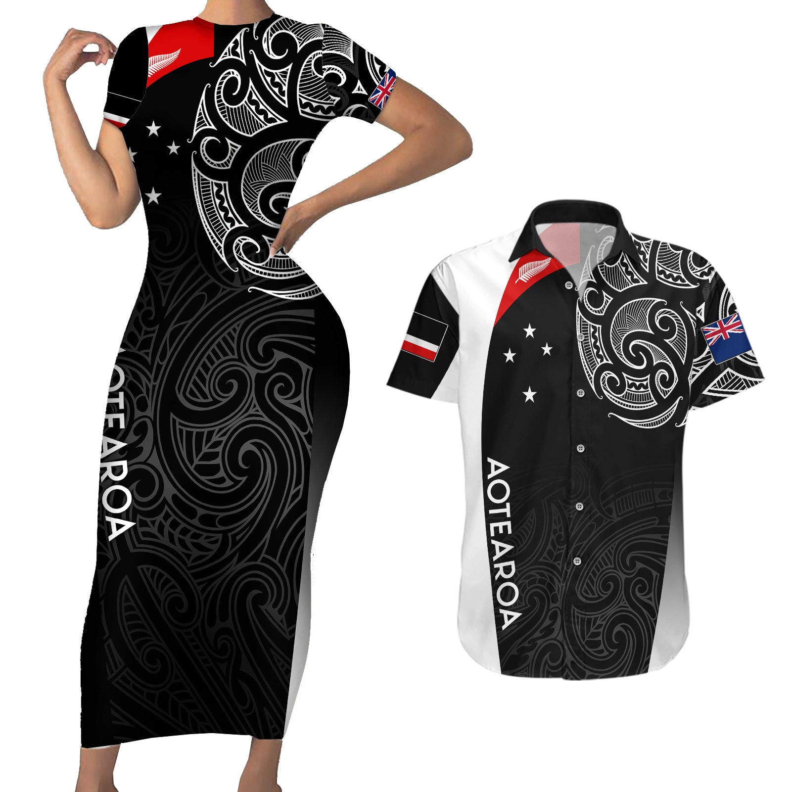 Personalised New Zealand Rugby Couples Matching Short Sleeve Bodycon Dress and Hawaiian Shirt Aotearoa World Cup 2023 Champions LT7 Black - Polynesian Pride