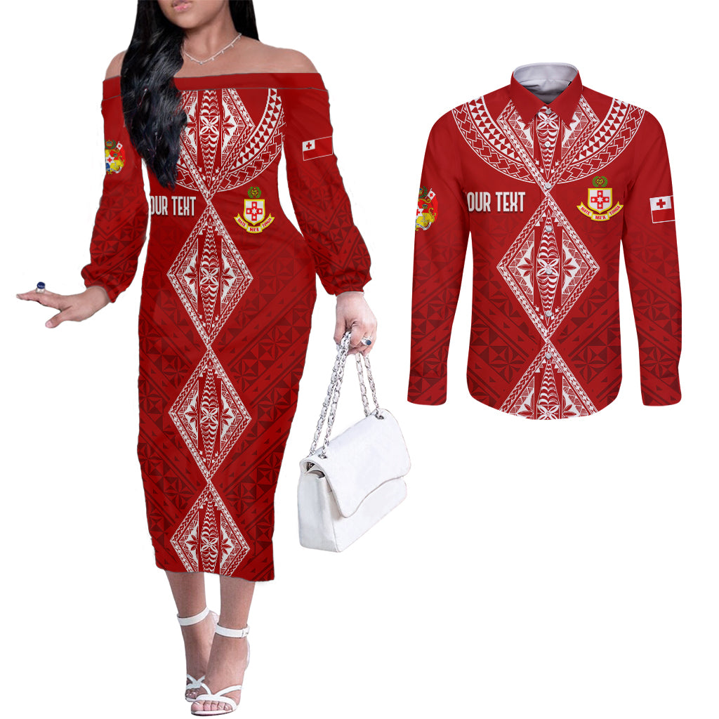 Personalised Kolisi Tonga Atele Couples Matching Off The Shoulder Long Sleeve Dress and Long Sleeve Button Shirts Tongan Kupesi - Special LT7 Red - Polynesian Pride