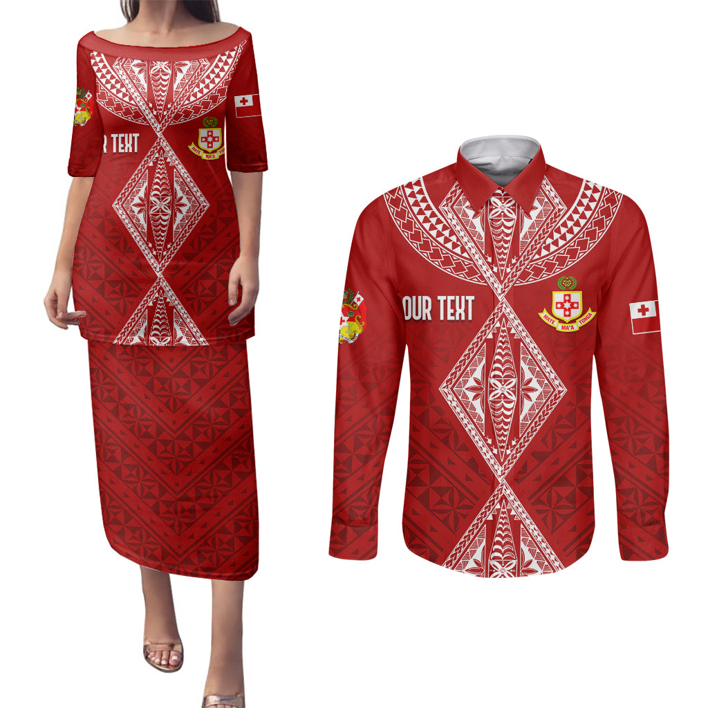 Personalised Kolisi Tonga Atele Couples Matching Puletasi Dress and Long Sleeve Button Shirts Tongan Kupesi - Special LT7 Red - Polynesian Pride