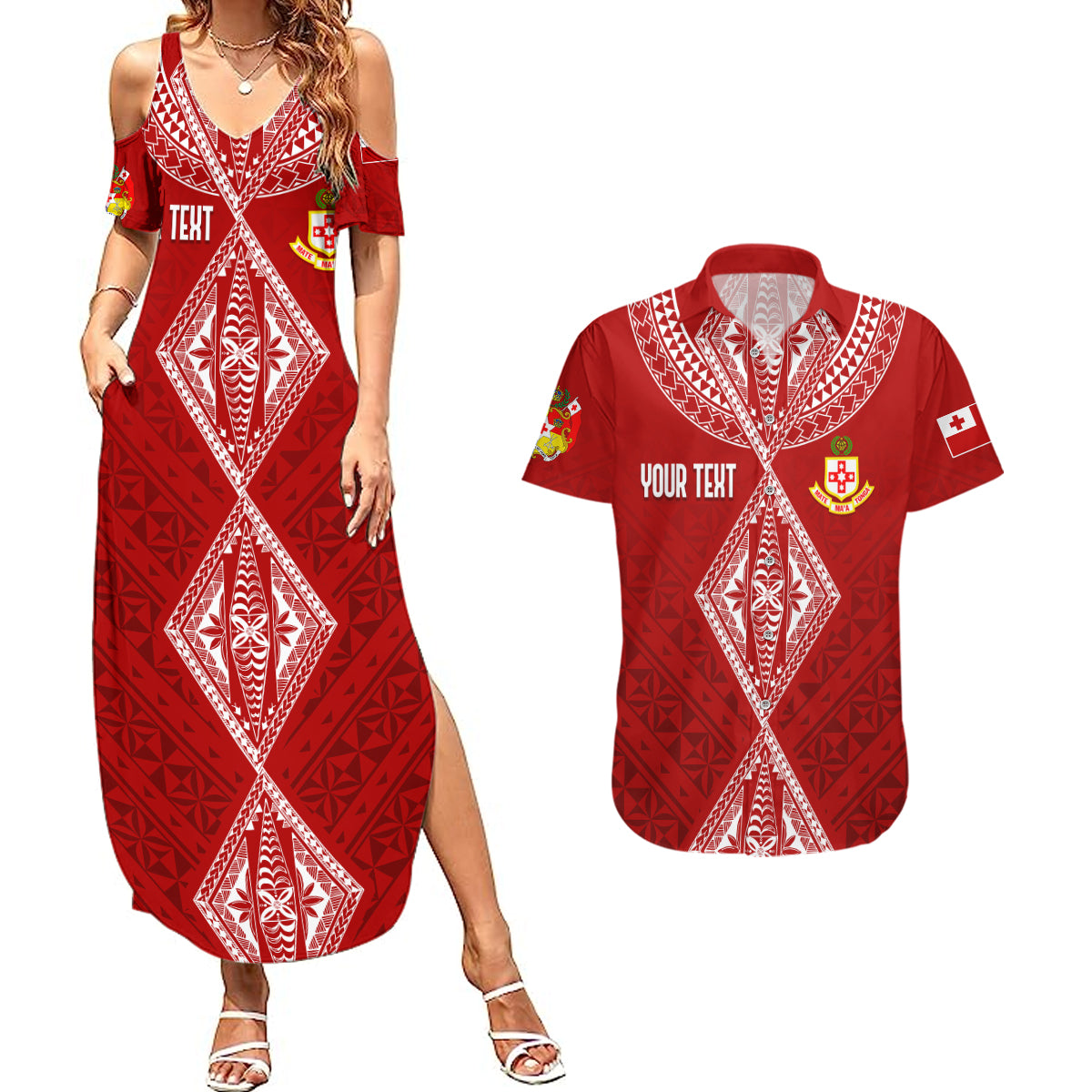 Personalised Kolisi Tonga Atele Couples Matching Summer Maxi Dress and Hawaiian Shirt Tongan Kupesi - Special LT7 Red - Polynesian Pride