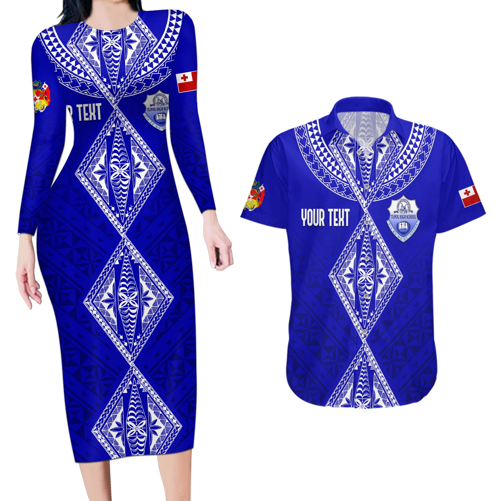 Personalised Tupou College Toloa Couples Matching Long Sleeve Bodycon Dress and Hawaiian Shirt Tongan Kupesi - Special LT7 Navy Blue - Polynesian Pride