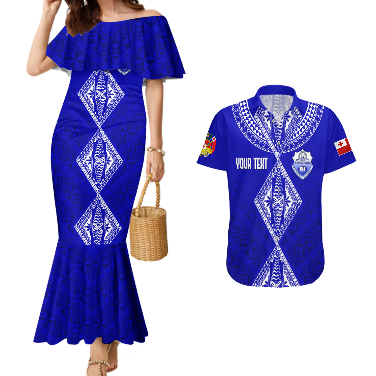 Personalised Tupou College Toloa Couples Matching Mermaid Dress And Hawaiian Shirt Tongan Kupesi - Special LT7 Navy Blue - Polynesian Pride