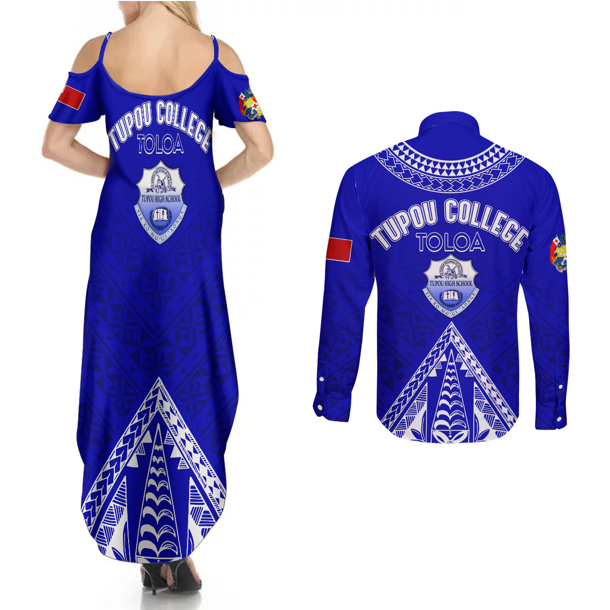 Personalised Tupou College Toloa Couples Matching Summer Maxi Dress and Long Sleeve Button Shirts Tongan Kupesi - Special LT7 - Polynesian Pride