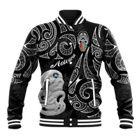 Kia Hara Te reo Maori Baseball Jacket Manaia Moko Pattern