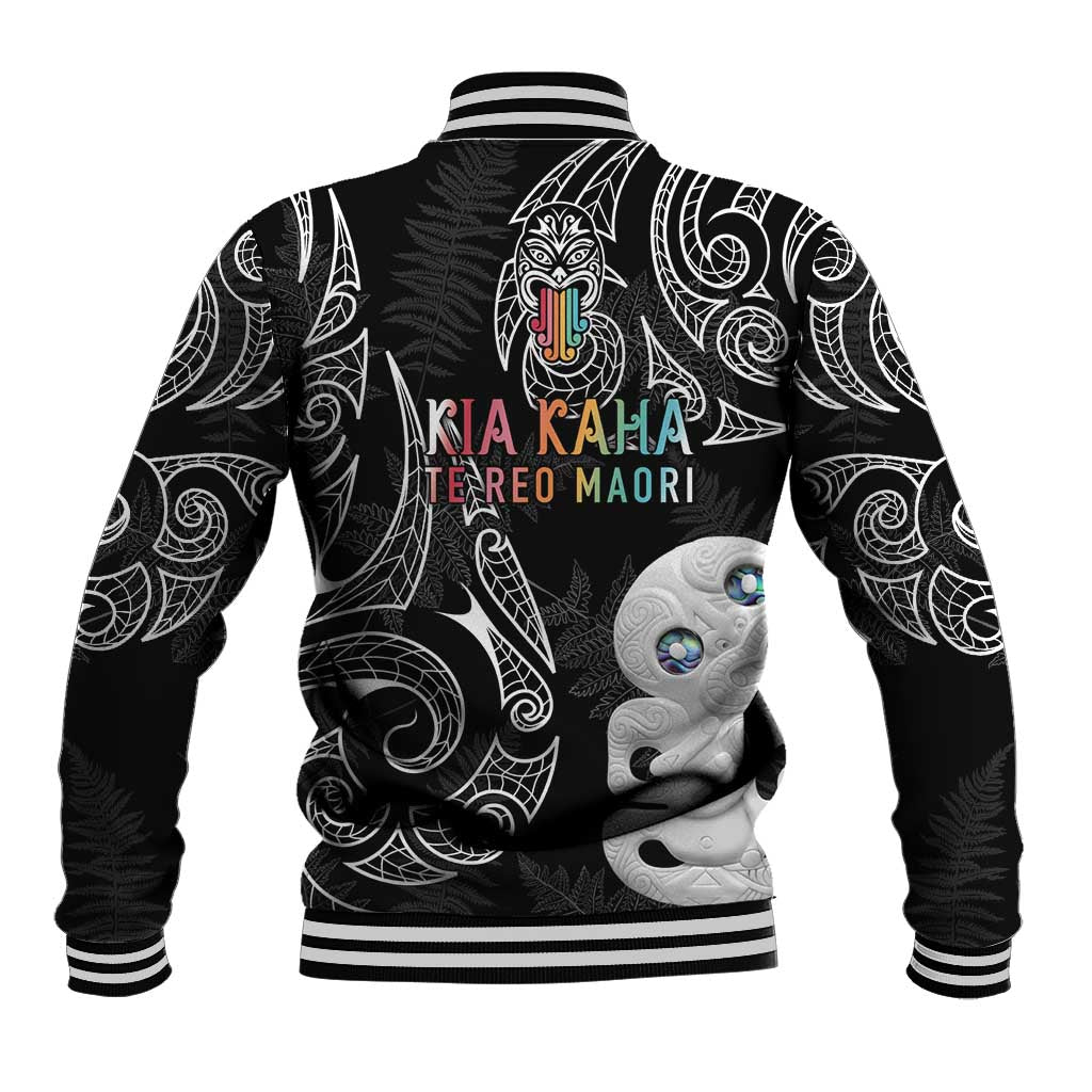 Kia Hara Te reo Maori Baseball Jacket Manaia Moko Pattern