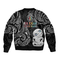 Kia Hara Te reo Maori Bomber Jacket Manaia Moko Pattern